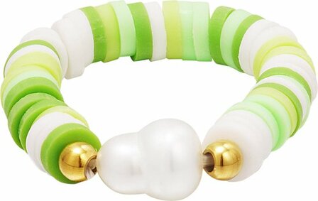 Colourful pearls ring -  One size - Groen/Goud